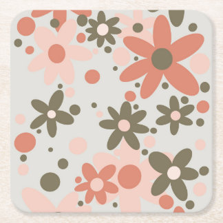Abstract flowers in coral, peach & green square paper coaster