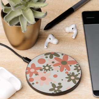Abstract flowers in coral, peach & green wireless charger