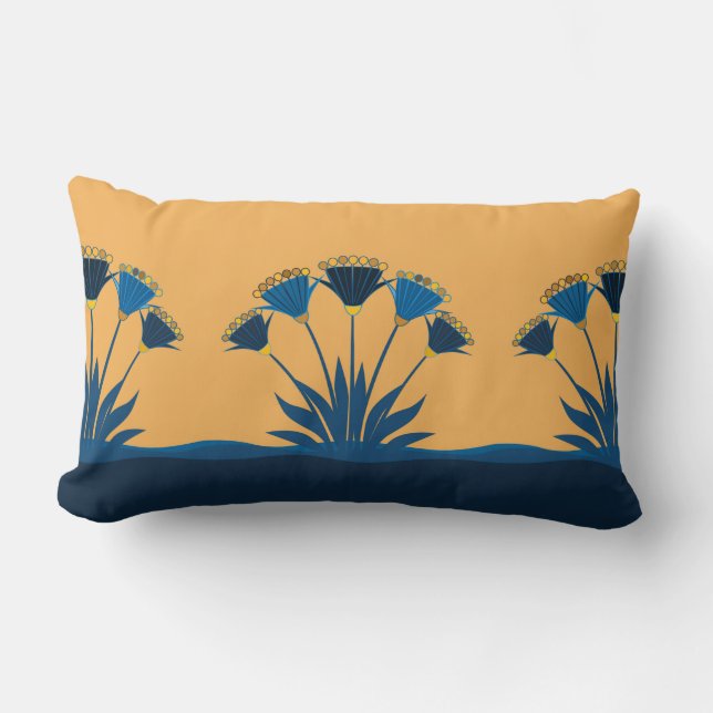 Abstract flowers, mustard yellow, navy blue, gold  lumbar pillow (Front)