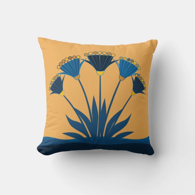 Abstract flowers, mustard yellow, navy blue, gold throw pillow (Front)