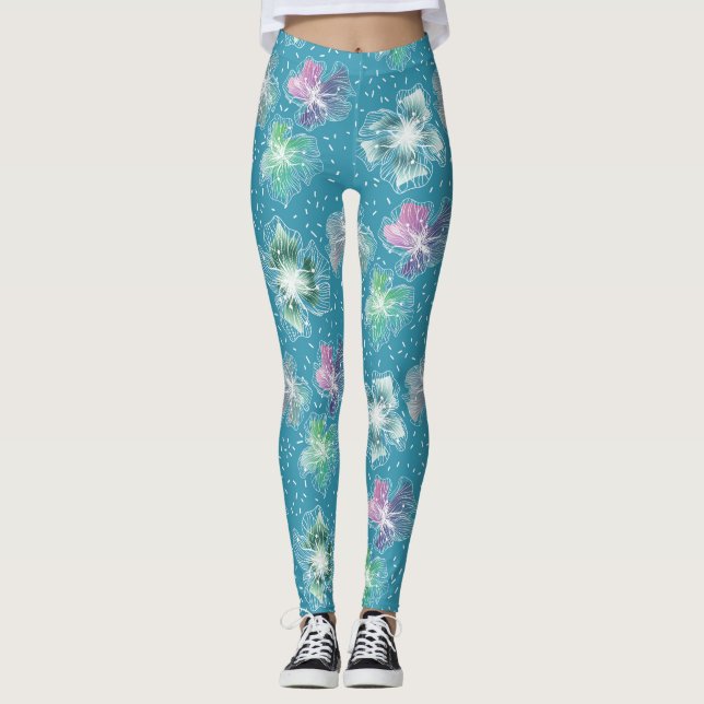 Abstract flowers on beautiful light blue tones leggings (Front)