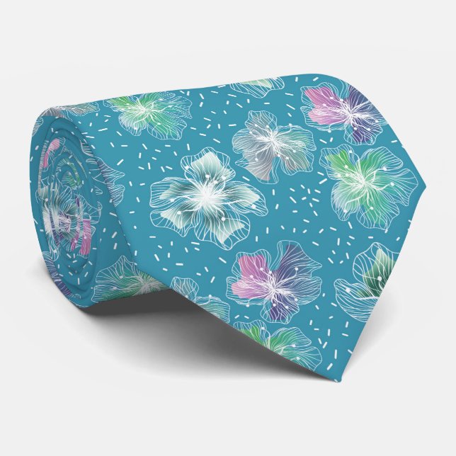 Abstract flowers on beautiful light blue tones neck tie (Rolled)
