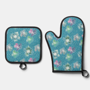 Abstract flowers on beautiful light blue tones oven mitt & pot holder set