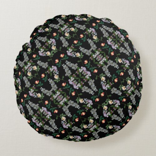 Abstract Flowers on Black Background Round Pillow