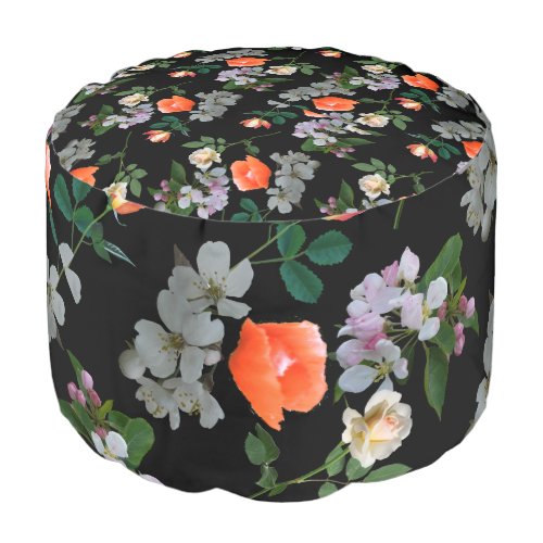 Abstract Flowers on Black Background Round Pouf