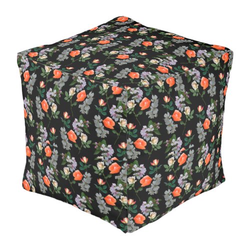 Abstract Flowers on Black Background square Pouf