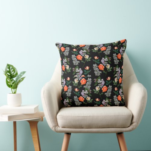 Abstract Flowers on Black Background Throw Pillow