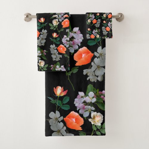 Abstract Flowers on Black Background Towel Set