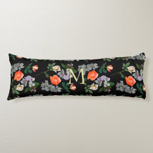 Abstract Flowers on Black Background w Monogram B Body Pillow