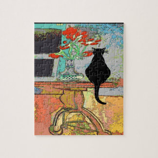 Abstract Flowers on Table with Cat Jigsaw Puzzle