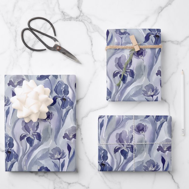 Abstract Flowers Pattern Indigo Purple Iris Wrapping Paper Sheets (Front)