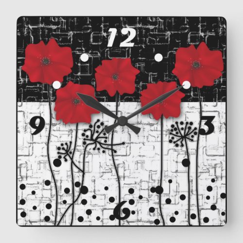 Abstract flowers red poppy floral modern tile vint square wall clock