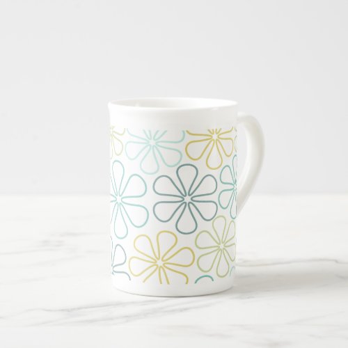 Abstract Flowers Teals Yellow Lime White Bone China Mug