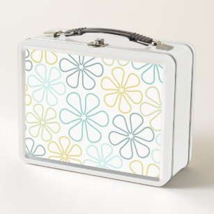 Abstract Flowers Teals Yellow Lime White Metal Lunch Box
