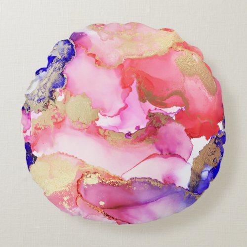 Abstract Fluid Art Purple Pink Gold Metallic Round Pillow