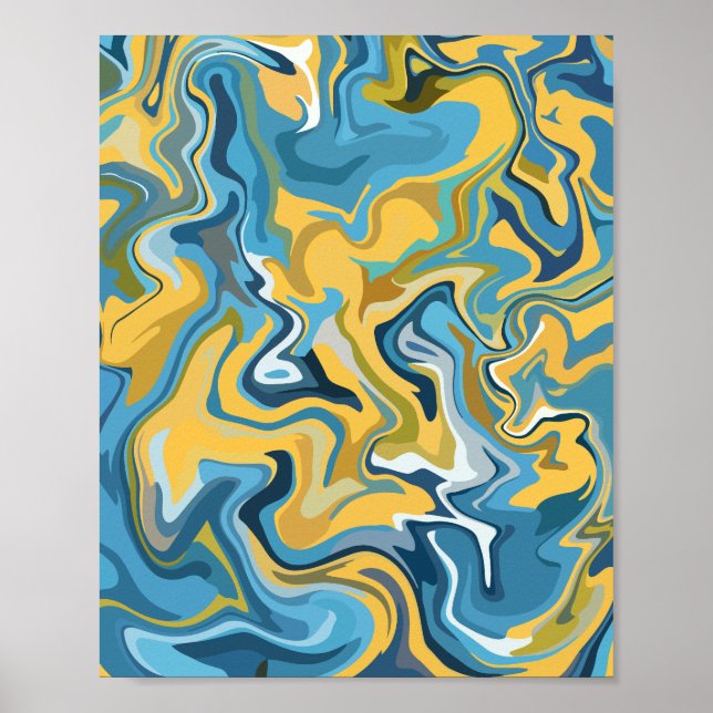 Abstract Fluid Art with Blue and Yellow Swirls Poster (Front)