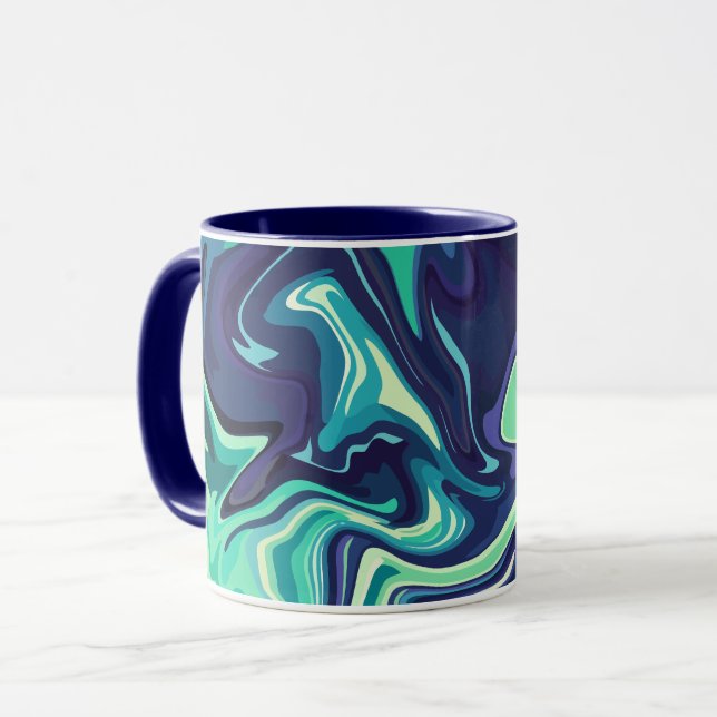 Abstract Fluid Art with Navy and Teal Swirls Mug (Front Left)