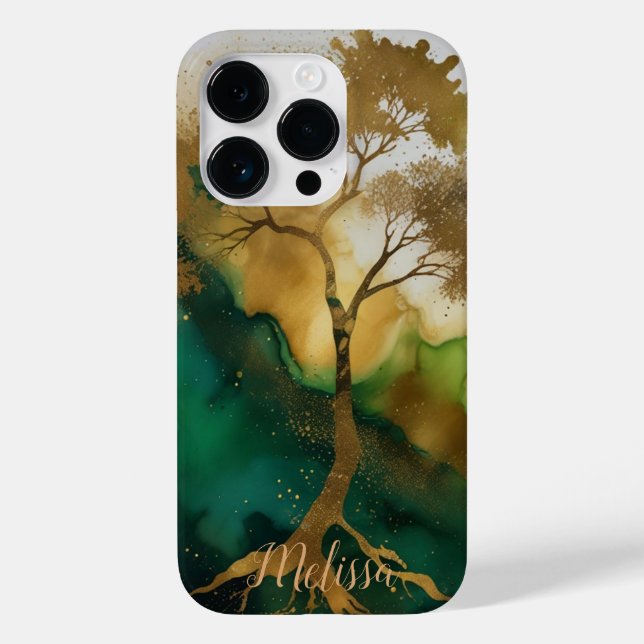Abstract Fluid green Gold tree Personalize name Ca Case-Mate iPhone Case (Back)