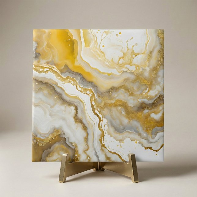 Abstract Fluid Ink Art Gold and White Marble  Ceramic Tile (Creator Uploaded)