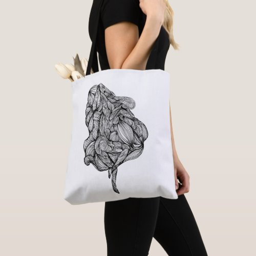 Abstract fluid lines drawing of a sleeping woman tote bag
