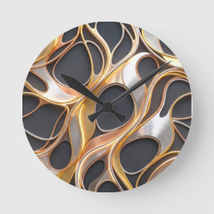 Abstract Fluid Metallic Design colored Gold Sliver Round Clock