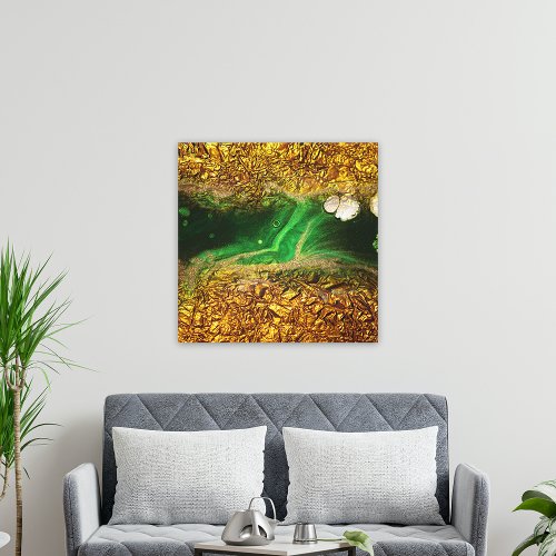 Abstract Fluid Paint Faux Gold Metallic Foil Green Canvas Print