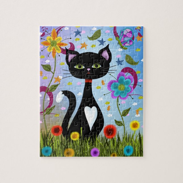 Abstract Folk Art: Charming Black and White Kitty  Jigsaw Puzzle (Vertical)
