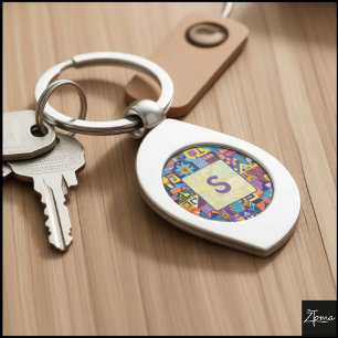 Abstract Folk Art Geometric Quilt Mosaic Keychain