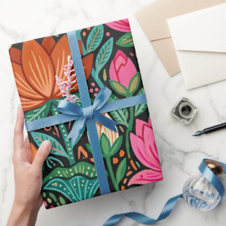 Abstract Folk Lotus Butterflies Wrapping Paper