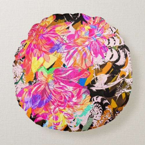 Abstract foral and animal pattern black pink gold round pillow