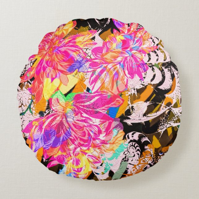 Abstract foral and animal pattern black pink gold round pillow (Front)