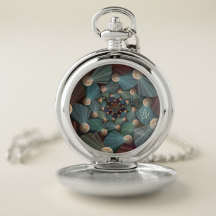 Abstract Fractal Art, Brown, Slate, Blue, Initials Pocket Watch