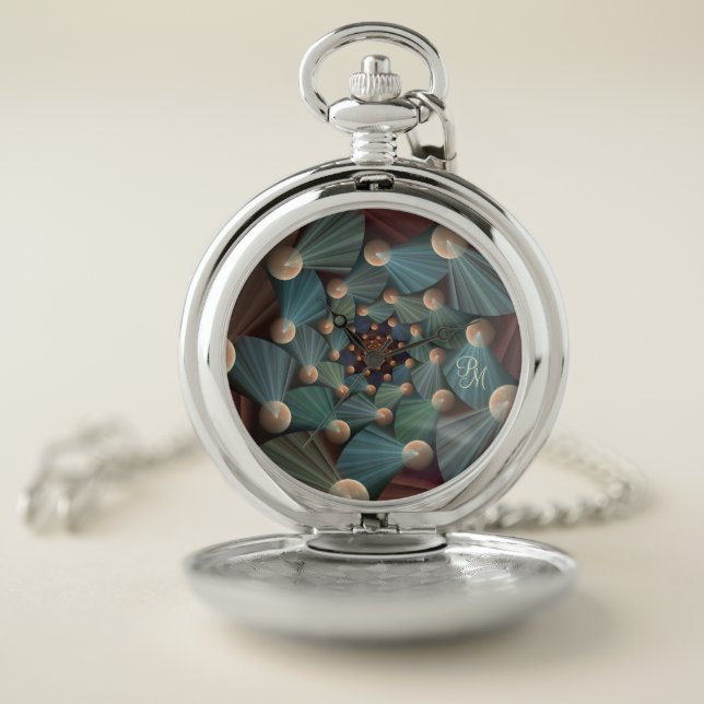 Abstract Fractal Art, Brown, Slate, Blue, Initials Pocket Watch (Inside)