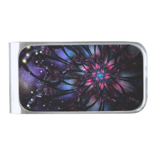 Abstract fractal flower design. silver finish money clip