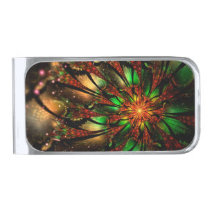 Abstract fractal flower design. silver finish money clip