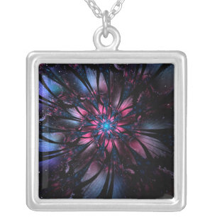Abstract fractal flower design. silver plated necklace