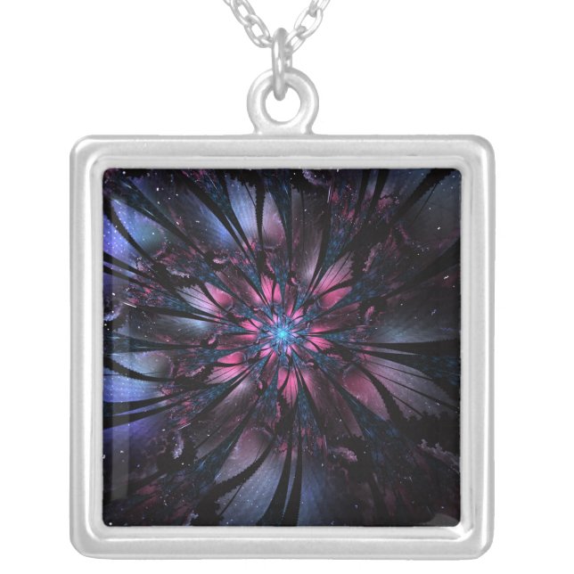 Abstract fractal flower design.   silver plated necklace (Front)