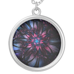 Abstract fractal flower design. silver plated necklace