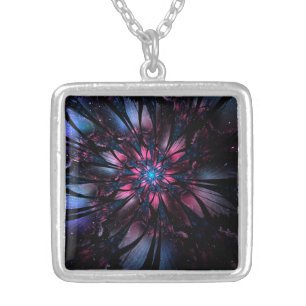 Abstract fractal flower design silver plated necklace