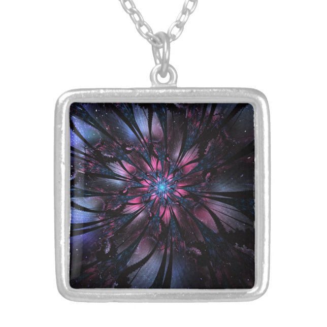 Abstract fractal flower design silver plated necklace (Front)