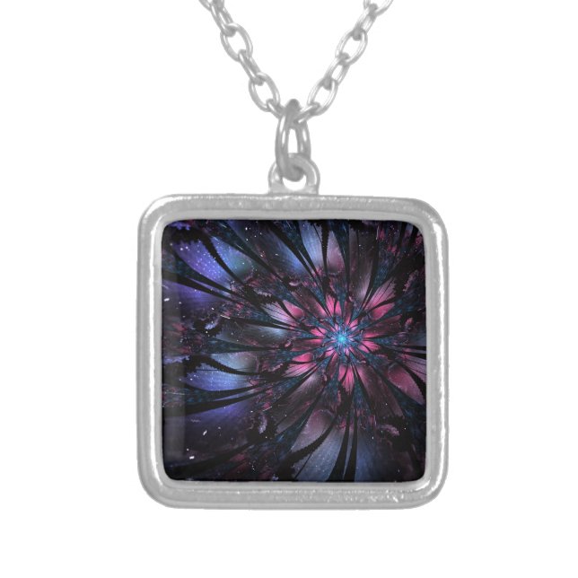 Abstract fractal flower design.  silver plated necklace (Front)