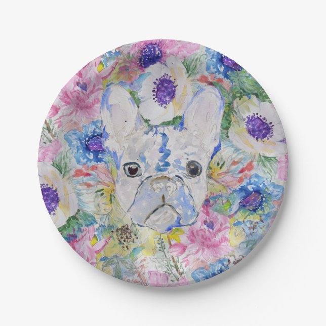 Abstract French bulldog floral watercolor paint Paper Plates (Front)