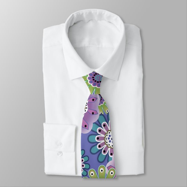 Abstract fun cartoon flowers floral kids scandinav neck tie (Tied)
