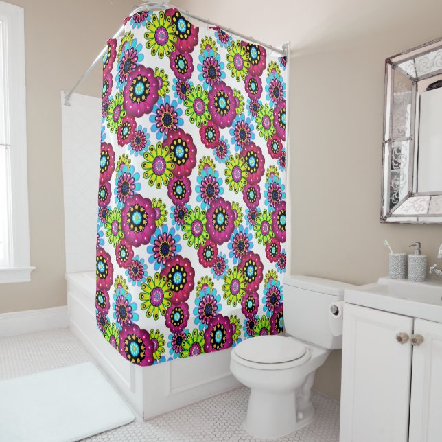Abstract fun cartoon flowers floral kids scandinav shower curtain (In Situ)