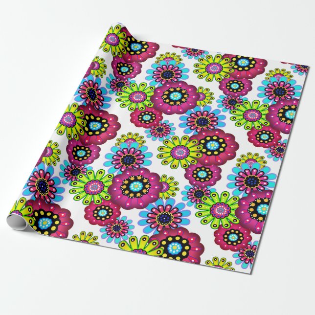 Abstract fun cartoon flowers floral kids scandinav wrapping paper (Unrolled)
