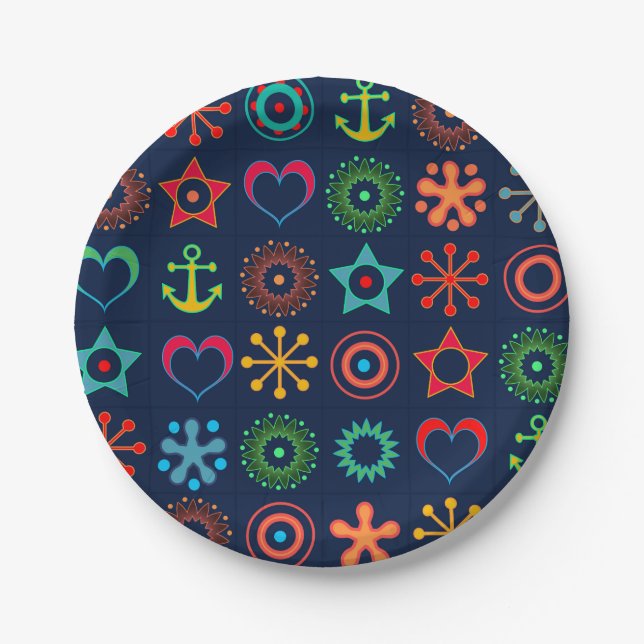 Abstract fun shapes retro design print paper plates (Front)