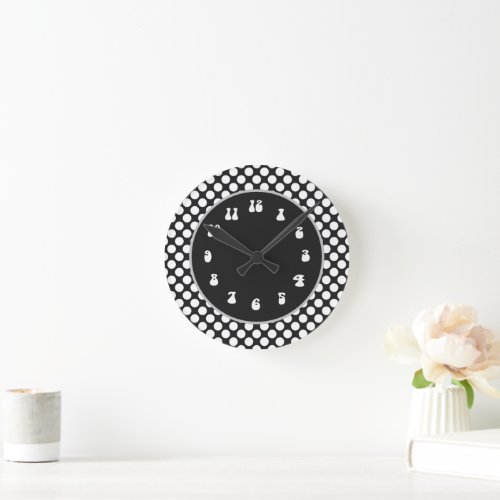 Abstract Fun White Polka Dots on Black Round Clock