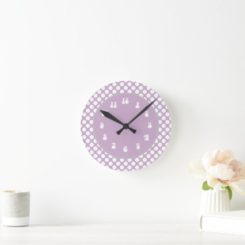 Abstract Fun White Polka Dots on Lavender Round Clock
