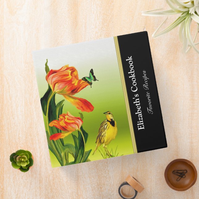 Abstract funky finch recipe cookbook with gold 3 ring binder (In Situ)