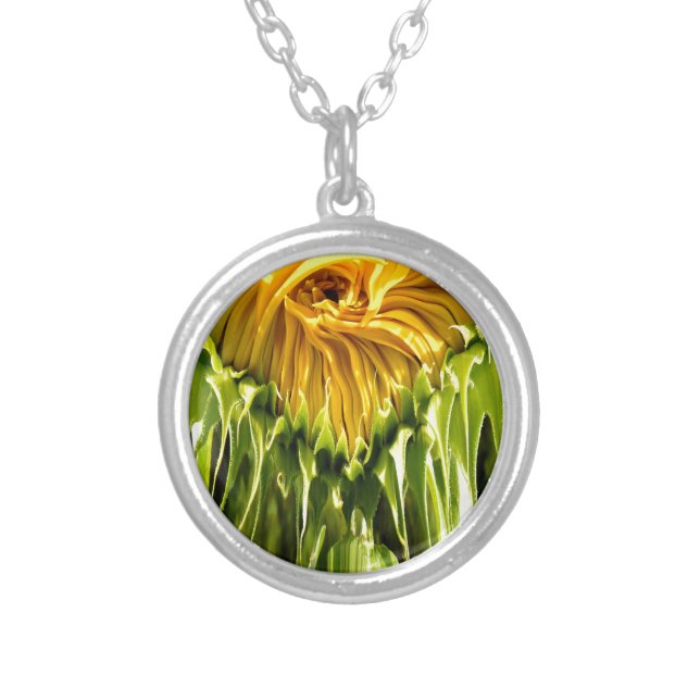 Abstract funky retro Sunflower, scared geometry  Silver Plated Necklace (Front)